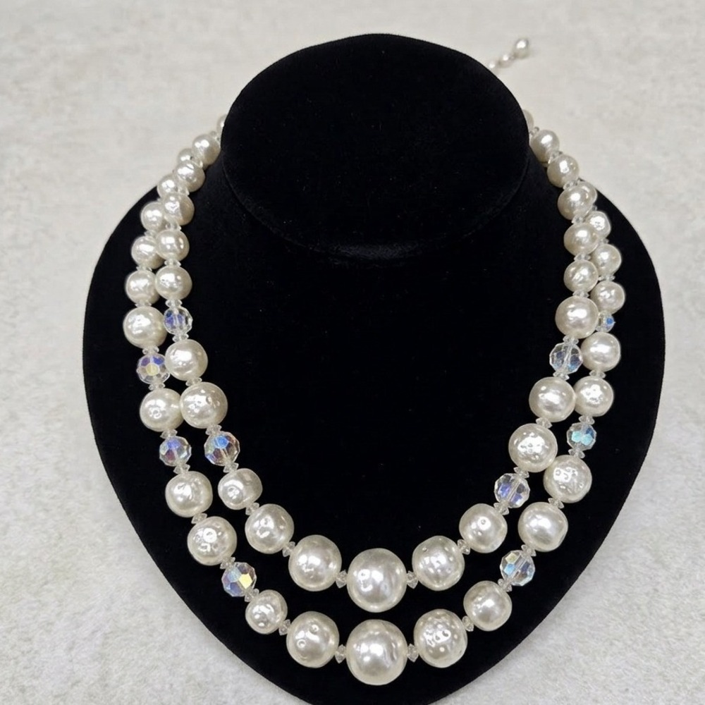 Vtg 2-Strand Iridescent Pearl Aurora Borealis Crystal Bead Necklace Silver Clasp